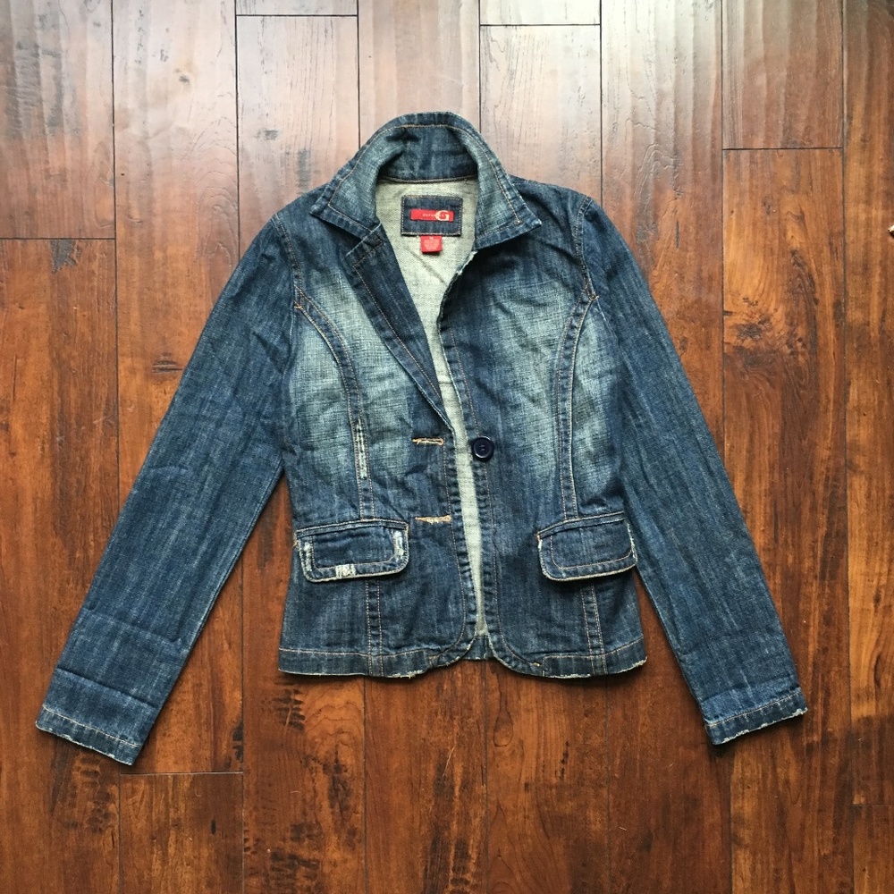 Distressed Dark Blue Denim Blazer With Pockets
